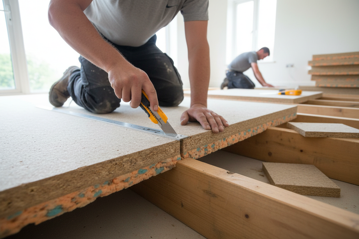Workers install the Premium Acoustic Floor System 2400mm x 600mm x 32mm, designed for noise reduction and soundproofing, by cutting and fitting panels over floor joists in an unfinished room.