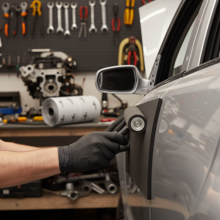 A person applies a Premium Self-Adhesive Flexible Foam Liner 12mm - 3sqm Roll for Thermal and Acoustic Insulation onto a car door, emphasizing soundproofing and vibration damping.