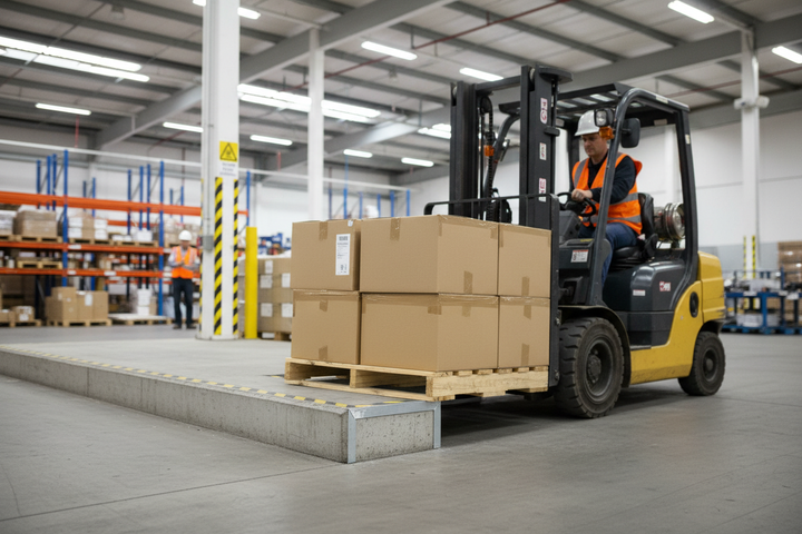 Worker operating a forklift in a warehouse, handling pallets. Featured product: Premium Perimeter Channel 3600mm for Suspended Ceiling Construction, ideal for soundproof, acoustic, and noise reduction applications, compliant with European standards.