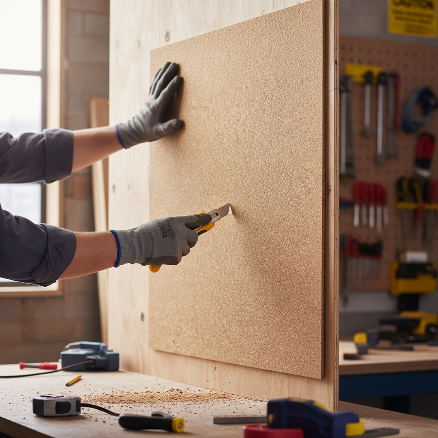 Close-up of Premium High Density Non-Adhesive Cork Sheets - 915mm x 610mm, 3mm Thick, Pack of 7, being trimmed in a woodshop. Ideal for soundproofing, acoustic insulation, and noise reduction in various projects.