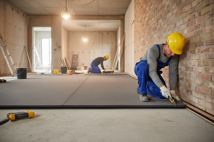 Construction workers installing Premium Perimeter Strip for Carpet Installation - 1200mm Length, Ensures Flush Finish and Seals Room Perimeter, enhancing soundproofing and acoustic insulation in an unfinished renovation space.