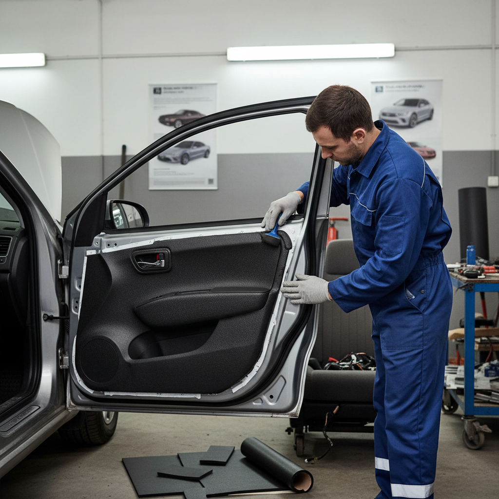 Technician applies Premium Self-Adhesive Thermo-Acoustic Material, 6mm thick, on car door for noise reduction and heat insulation; ideal for automotive soundproofing, featuring strong adhesive and high-performance acoustic insulation.