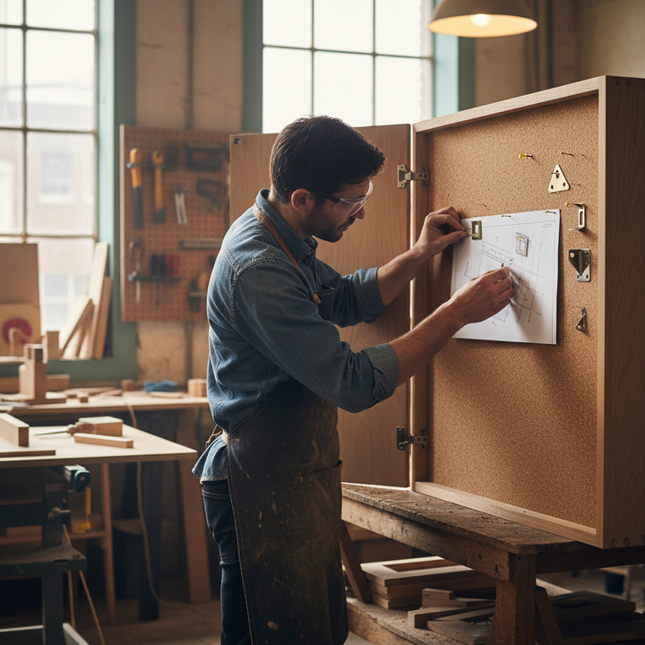 Woodworker pinning plans on a cabinet using Premium Fine Grain Adhesive Cork Sheet Pack of 4 - 610mm x 450mm x 5mm, ideal for soundproofing, acoustic projects, noise reduction, and sound insulation.