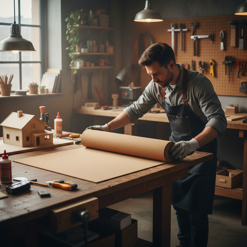 Woodworker unrolls Premium Fine Grain Large Cork Roll on a workbench, surrounded by model-making tools, demonstrating its use for soundproofing and acoustic insulation, ideal for interior walls.