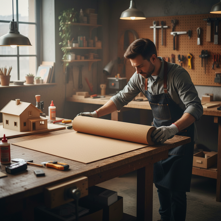 Woodworker unrolls Premium Fine Grain Large Cork Roll on a workbench, surrounded by model-making tools, demonstrating its use for soundproofing and acoustic insulation, ideal for interior walls.