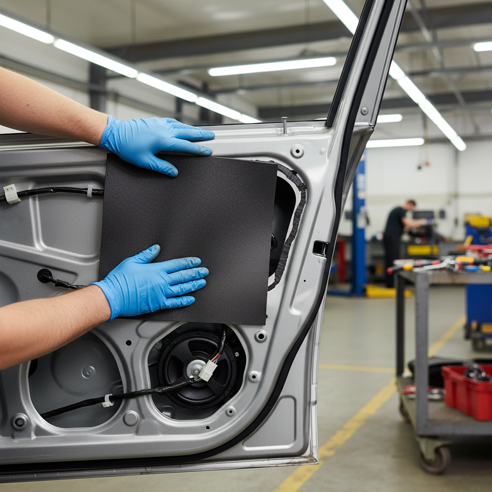 Technician installs Premium Self-Adhesive Thermo-Acoustic Material for Noise Reduction and Heat Insulation, 6mm thick, on vehicle door panel, enhancing soundproofing and acoustic insulation with its adhesive-backed, vibration-damping design.