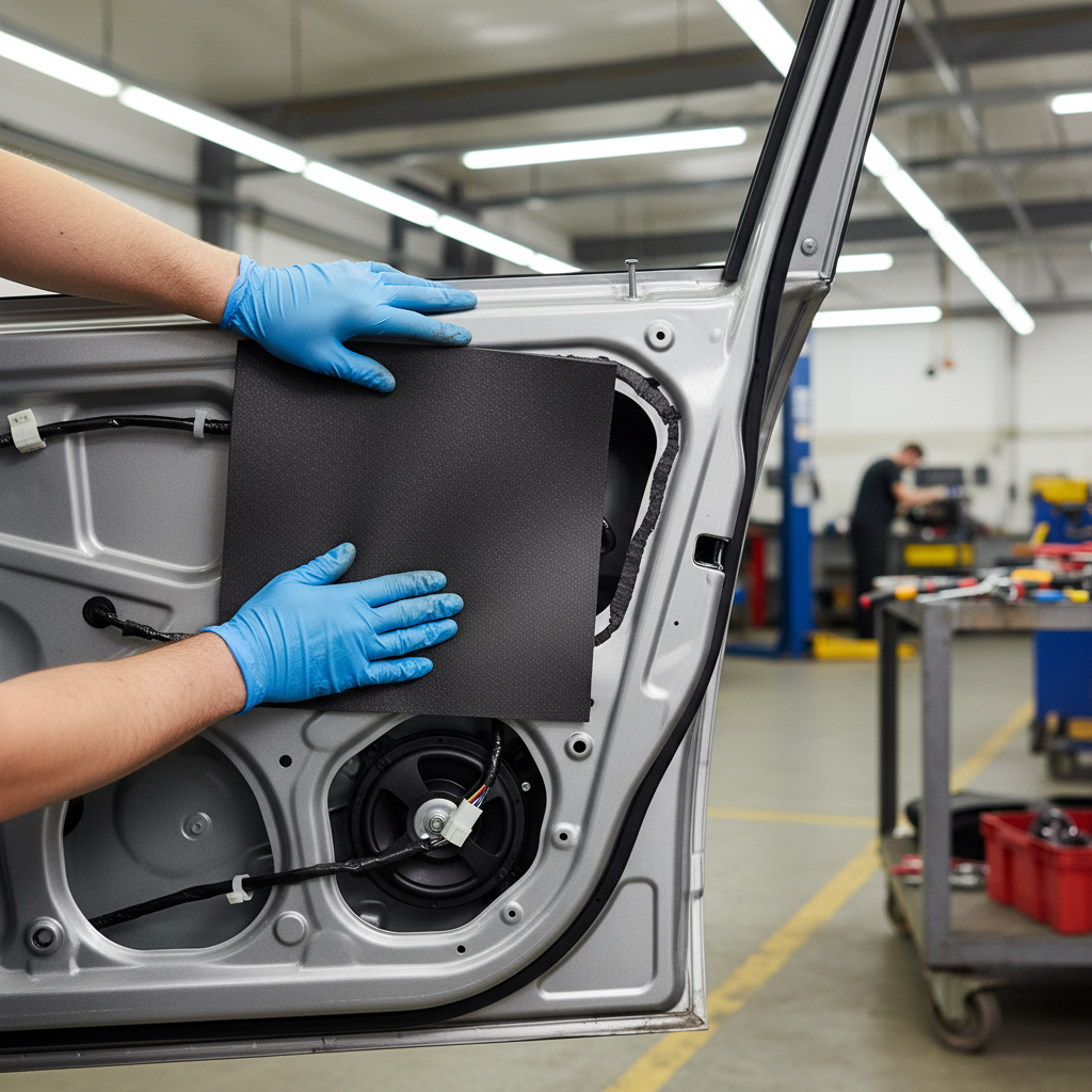 Technician installs Premium Self-Adhesive Thermo-Acoustic Material for Noise Reduction and Heat Insulation, 6mm thick, on vehicle door panel, enhancing soundproofing and acoustic insulation with its adhesive-backed, vibration-damping design.