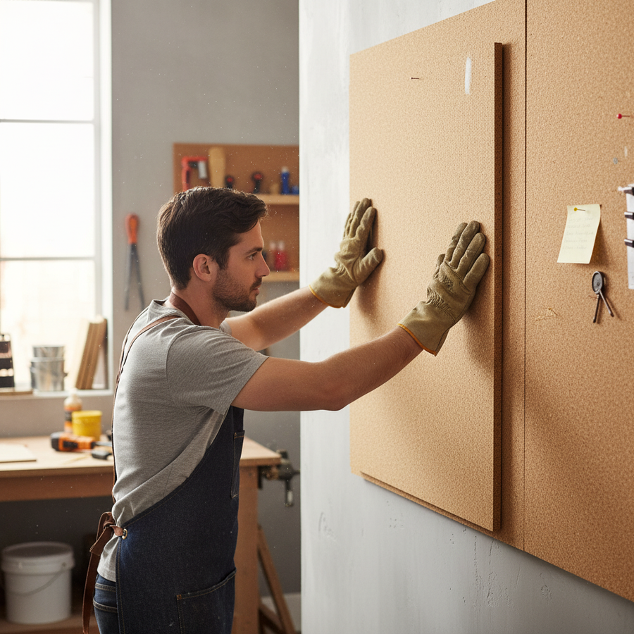 Man in workshop applying Premium Fine Grain Adhesive Cork Sheets - Pack of 2, 915mm x 610mm, 15mm Thick for Versatile Applications; ideal for soundproofing, acoustic enhancement, and noise reduction in home or studio settings.