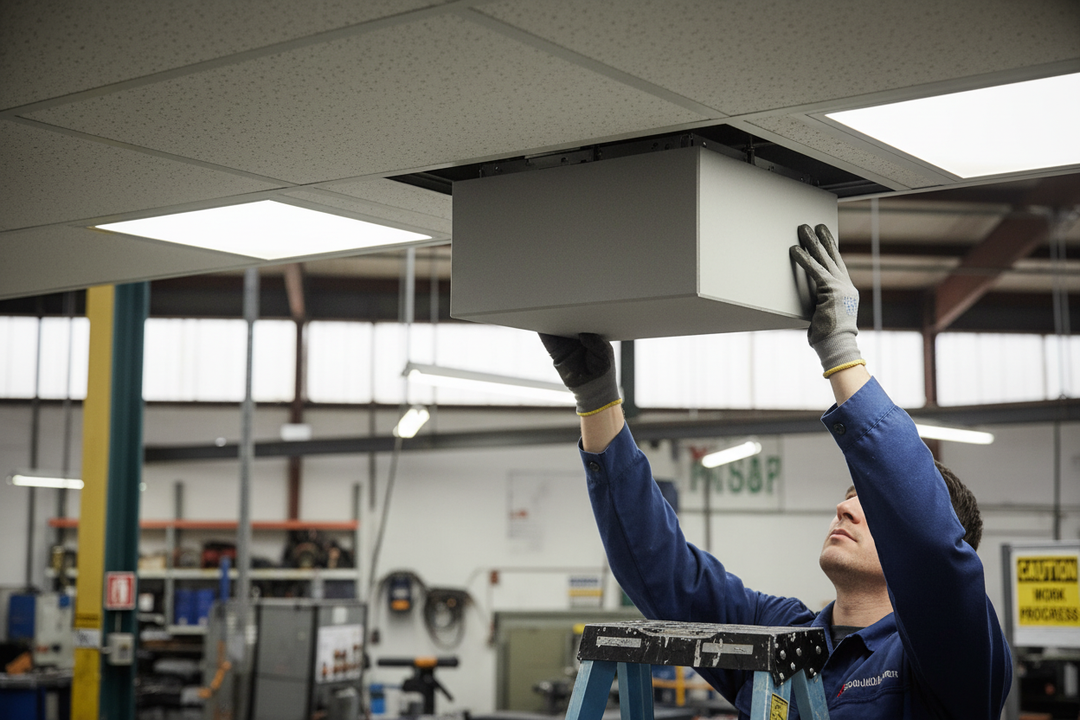 Technician installs Premium Acoustic Light and Air Diffuser Hood 595mm x 595mm, enhancing ceiling performance with noise reduction and soundproof features in a workshop setting.