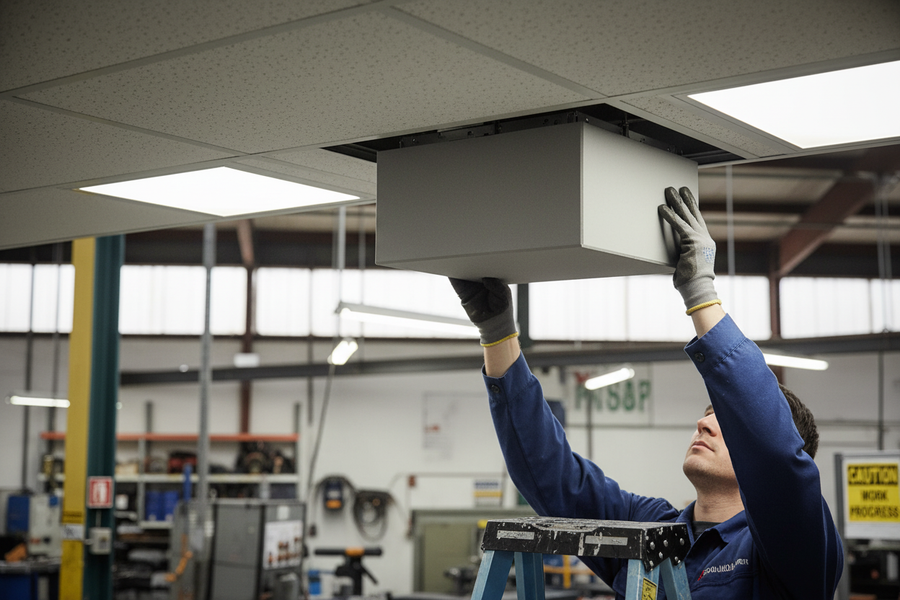 Technician installs Premium Acoustic Light and Air Diffuser Hood 595mm x 595mm, enhancing ceiling performance with noise reduction and soundproof features in a workshop setting.