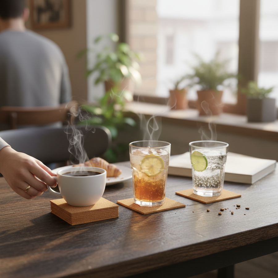 Premium Non-Adhesive Cork Coaster Sheets - 90mm x 90mm, 4mm Thick, Pack of 25 for Versatile Use showcased under steaming beverages, ideal for soundproof craft projects, acoustic insulation, and vibration damping in homes and studios.