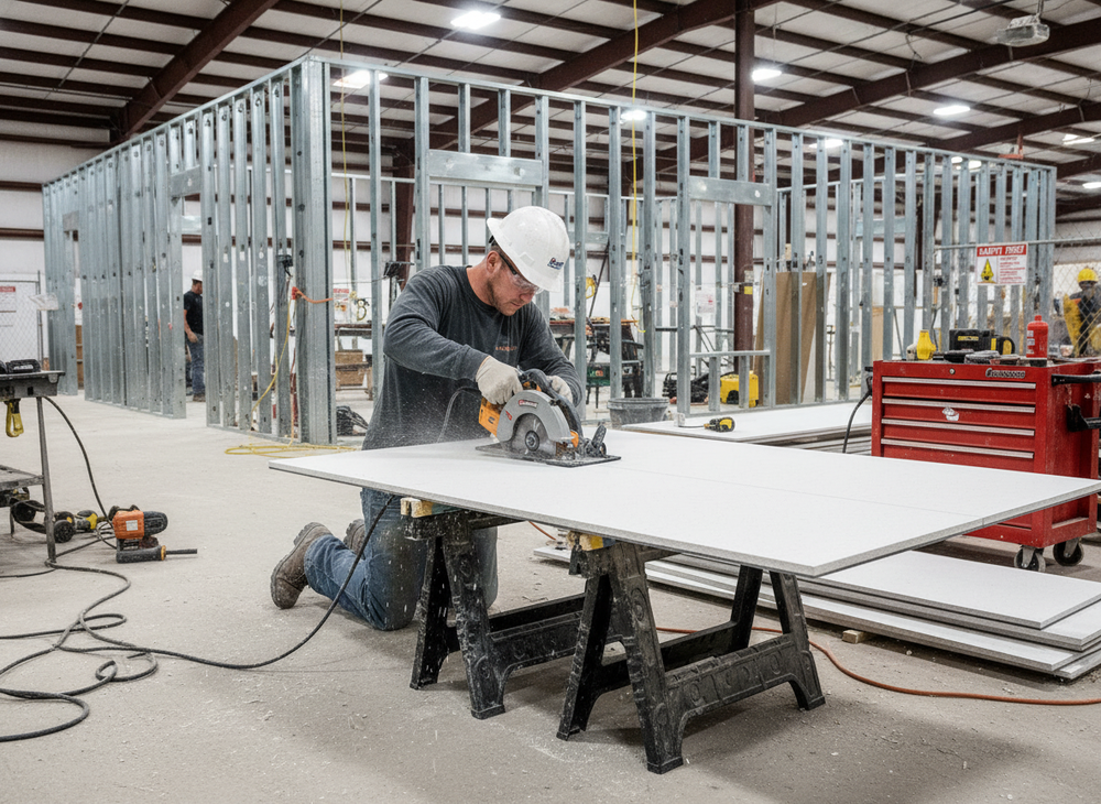 Worker using Premium Acoustic Building Board - 13mm Thick, High-Performance Sound Insulation Solution for Ceilings and Walls, showcasing soundproof and acoustic capabilities in construction environment with tools and metal framing.
