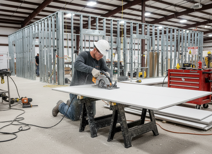 Worker using Premium Acoustic Building Board - 13mm Thick, High-Performance Sound Insulation Solution for Ceilings and Walls, showcasing soundproof and acoustic capabilities in construction environment with tools and metal framing.
