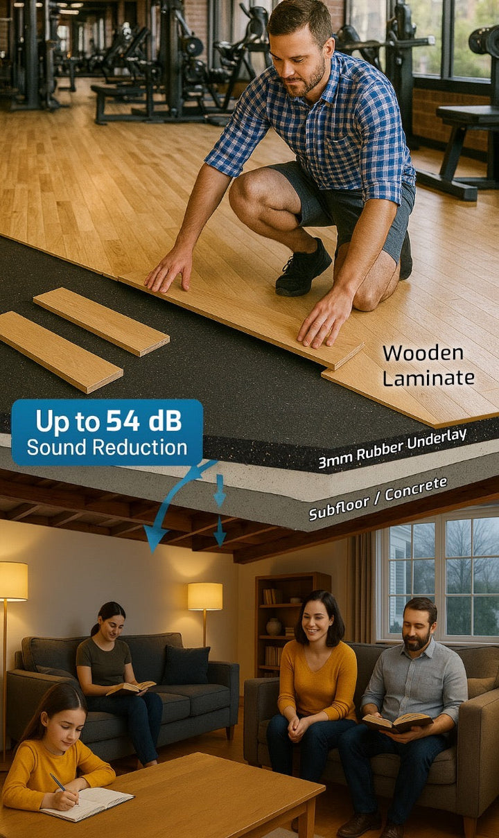 Split-scene image showing a man installing 3mm Recycled Rubber Acoustic Underlay, highlighting layers for soundproofing. Below, a family enjoys a quiet space, emphasizing up to 54 Silentcloud noise reduction.