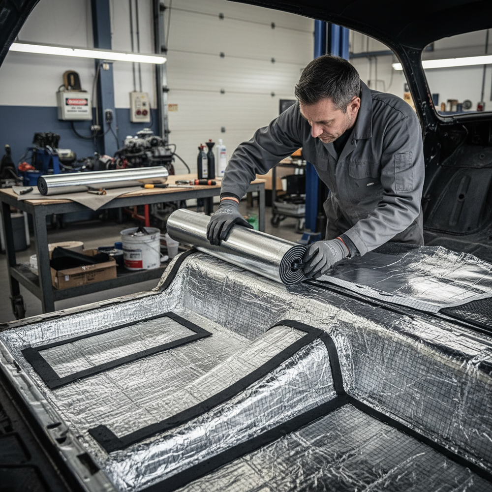 Man in a garage installs the Premium 10mm Sound and Heat Insulation Roll, featuring high-performance closed cell foam, into a vehicle's interior, showcasing soundproofing and acoustic noise reduction capabilities. Ideal for vans and motorhomes.