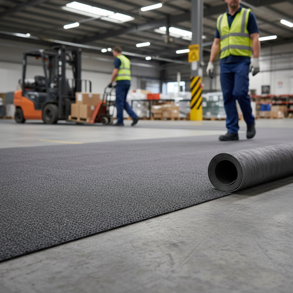 Premium Barrier Mat 5kg - Vinyl Loaded Sound Insulation with 2mm Thickness and 1.2m x 2m Dimensions, laid on warehouse floor, enhances soundproofing and acoustic noise reduction for floors, walls, and ceilings.