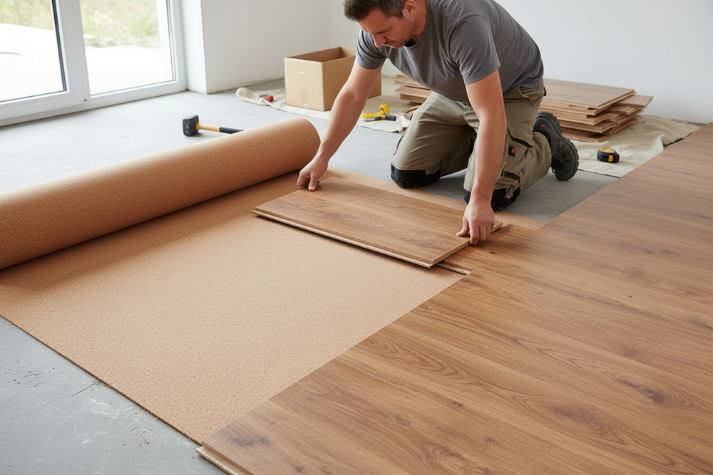 Person installing flooring over Premium Natural Cork Underlay Roll - 1m x 6m - Moisture Resistant, Lightweight, Various Thicknesses Available, ideal for soundproofing, acoustic insulation, and noise reduction in homes and studios.
