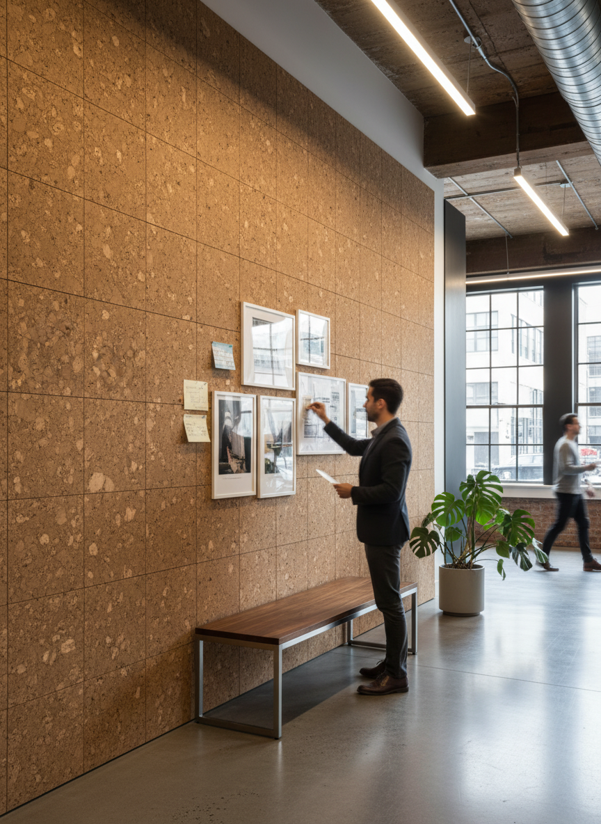 Premium Cork Wall Tiles 600mm x 300mm - 3mm Thick with 1.98m2 Coverage enhance a modern hallway's aesthetic, offering soundproofing and acoustic insulation benefits, ideal for stylish, noise-reducing interiors.
