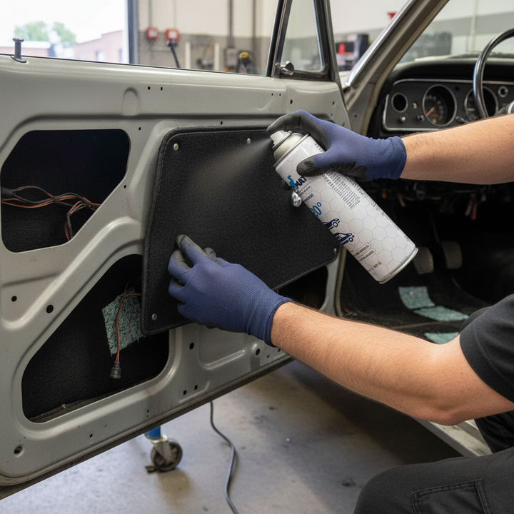 High-Performance 500ml High Temperature Spray Adhesive for Upholstery and Insulation Applications being applied to a car door panel, ideal for soundproofing, acoustic insulation, and vibration damping in vehicles.