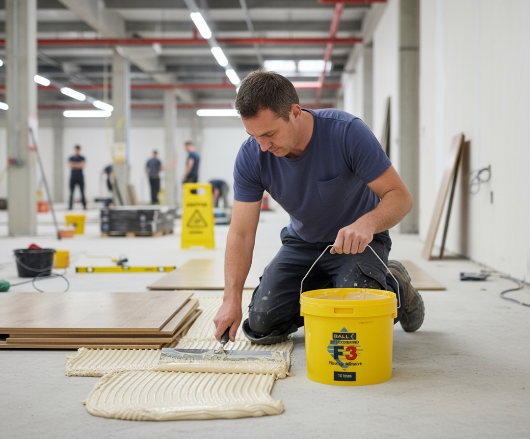 Tradesman using a notched trowel to apply Premium Heavy Duty Adhesive for Rubber Acoustic Flooring. Yellow bucket nearby, with flooring planks ready to install, enhancing soundproofing and noise reduction.
