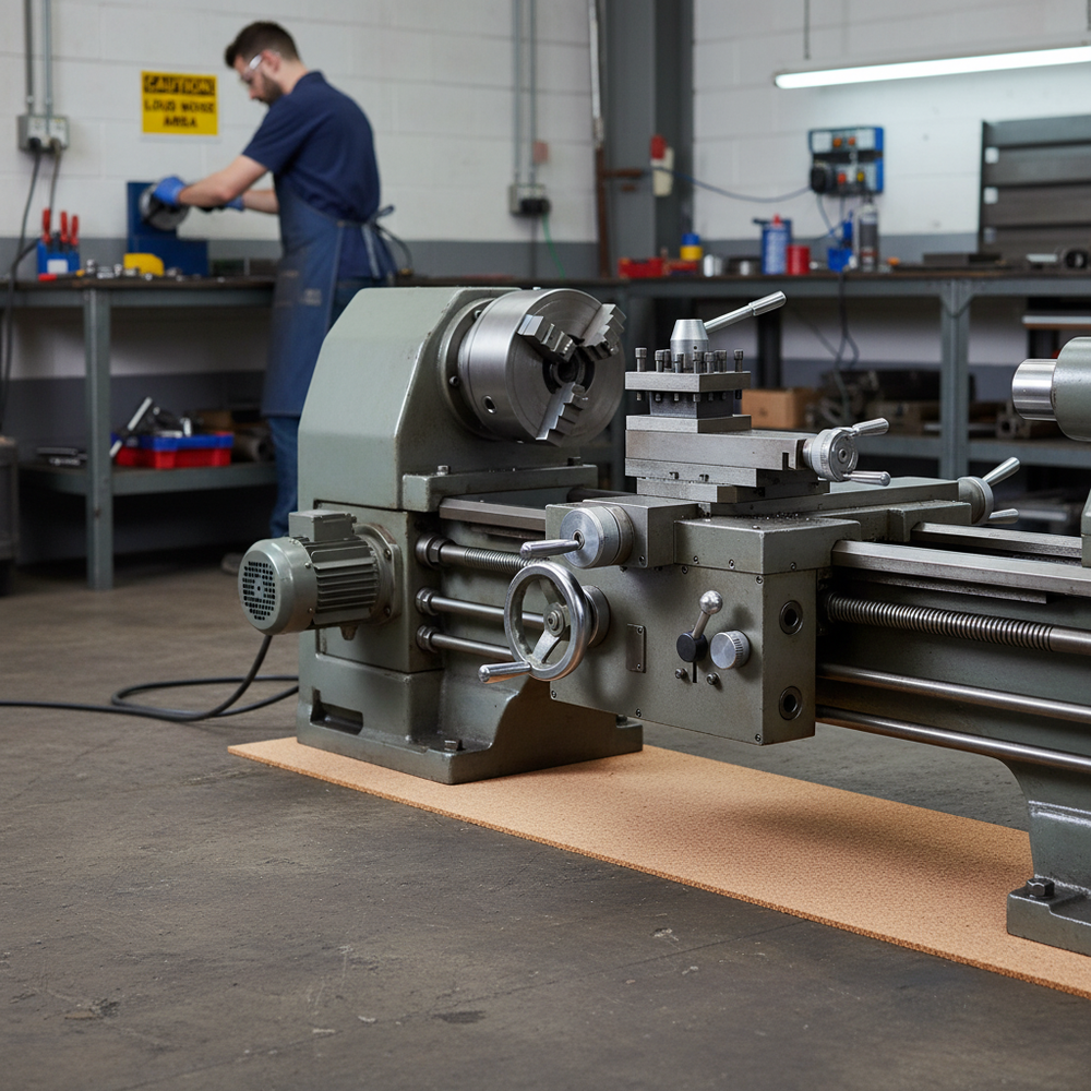 Premium High Density Cork Rolls 915mm x 305mm - 2.5mm Thick - Pack of 4 for Train Track Underlay, showcased in a metalworking area, highlight soundproofing and noise reduction capabilities beneath the bench-mounted lathe.