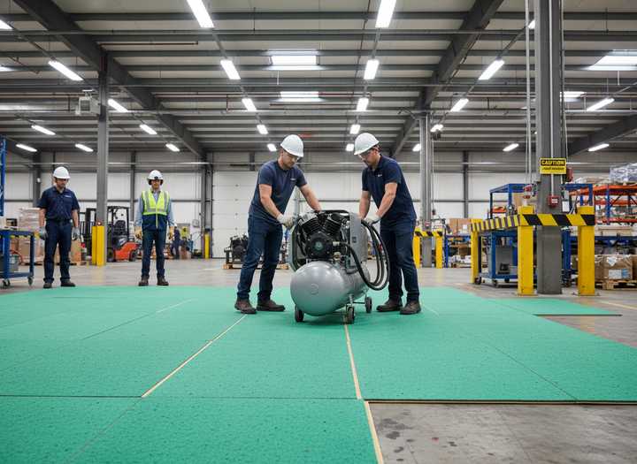 Premium Acoustic Overlay Panel 17mm with High Sound Insulation Ratings being installed in a warehouse, showcasing its easy installation and noise reduction capabilities. Workers handle equipment, emphasizing its practical use in industrial settings.