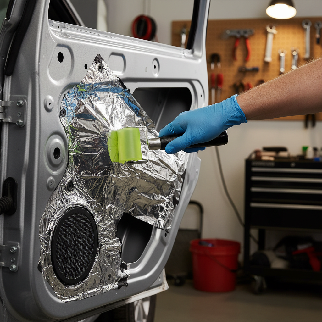 Heavy Duty Sound Deadening Roller with Sturdy Handle smoothing foil-faced sound insulation on a vehicle door, ensuring optimal adhesion and minimizing air bubbles for effective noise reduction and vibration damping.