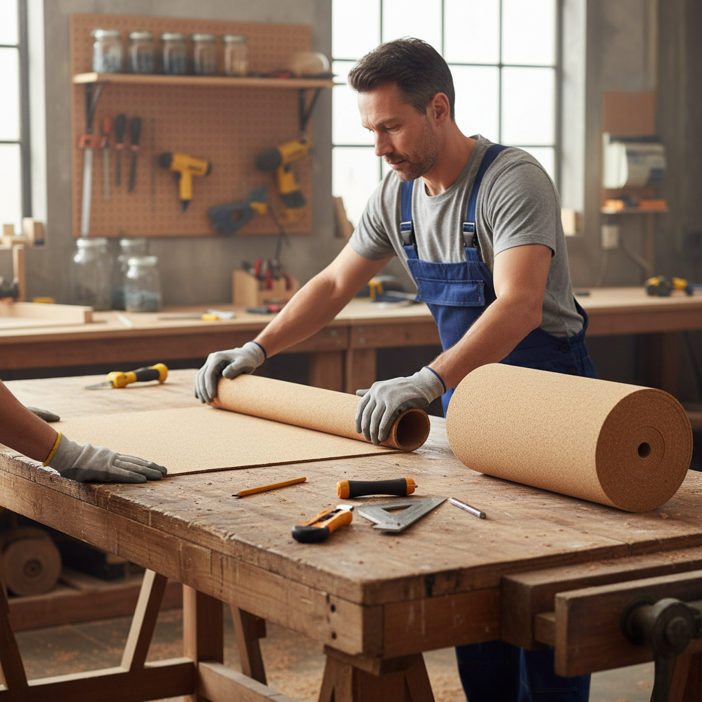 A craftsman unrolls a Premium Fine Grain Large Cork Roll for Interior Walls - 4m x 1m, 8mm Thick, Natural Moisture-Resistant Material, ideal for soundproofing and acoustic insulation, on a workbench.