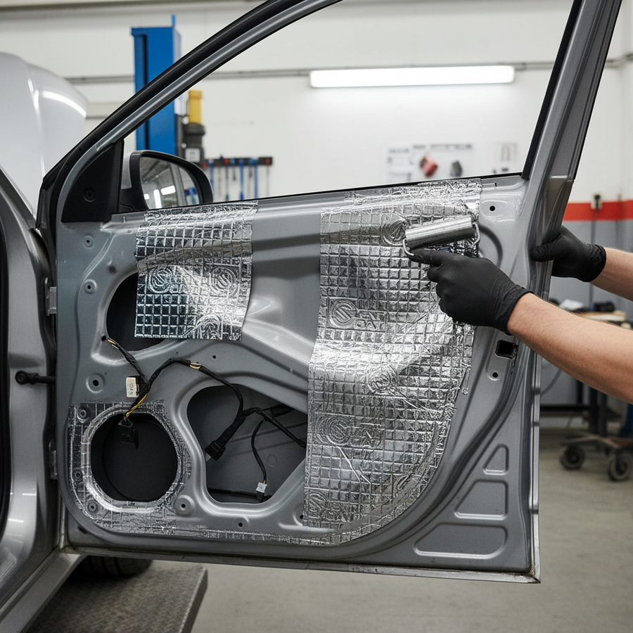 Technician applying Premium 4mm Double Thickness Damping Mat inside car door panel for noise reduction and vibration absorption, showcasing soundproof installation using foil-faced, acoustic insulation material in an auto-body shop.