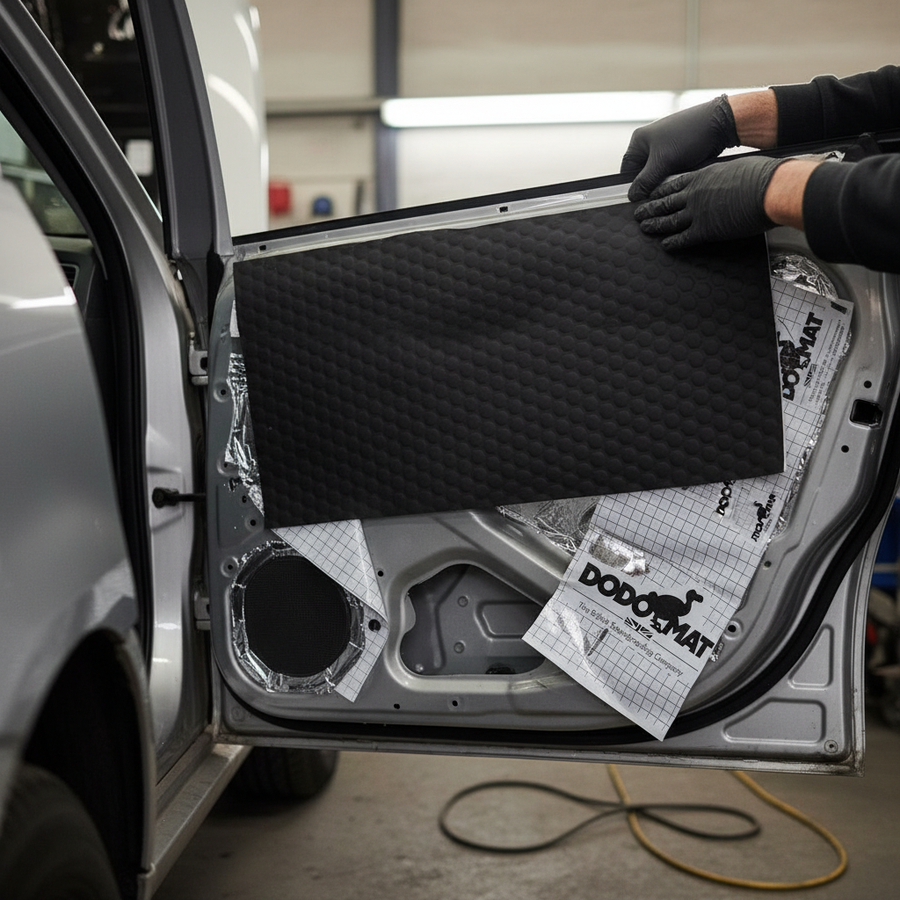Technician installs Premium 2mm Sound Deadening Mat - Self Adhesive Vibration Damper for Van Conversions - 40 Sheets with Hex Embossing, enhancing acoustic insulation and noise reduction on car door interior.