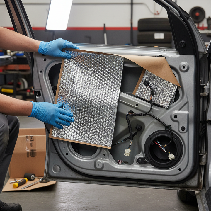 Person in blue gloves installs Premium Self-Adhesive Sound Deadening Vibration Damper on car door, showcasing acoustic insulation's noise reduction and vibration damping capabilities, typical of Silentcloud's high-performance products.