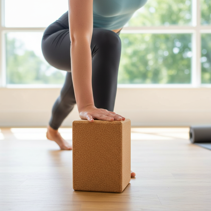 Person in workout attire using the Premium Natural Cork Yoga Block - 9 x 6 x 4 for Enhanced Workout Support during a low lunge stretch, illustrating its stability and core strengthening benefits.