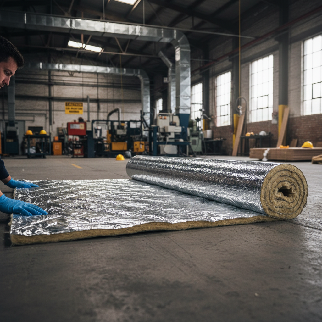 High-Performance Acoustic Lagging being unrolled in an industrial workshop, showcasing its soundproof and fire-rated qualities for noise reduction in ductwork, aligning with Sound Deadening UK's sound insulation solutions.