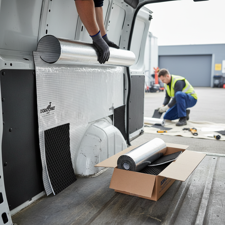 Premium Small Van Sound Deadening and Insulation Kit installation in progress, showcasing foil-faced insulation application for enhanced soundproofing, noise reduction, and vibration damping, improving comfort and performance in small vans.