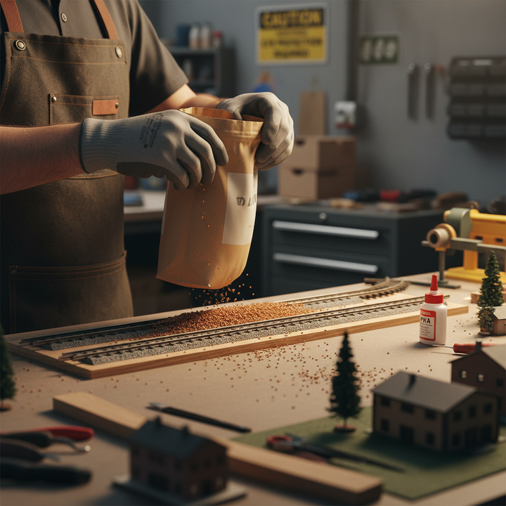 Premium Cork Granules 3 Litres - 2-3mm Granule Size with Density 55-65kg/m³, ideal for soundproof and acoustic applications, shown on a hobbyist's workbench, enhancing model railroad landscaping.