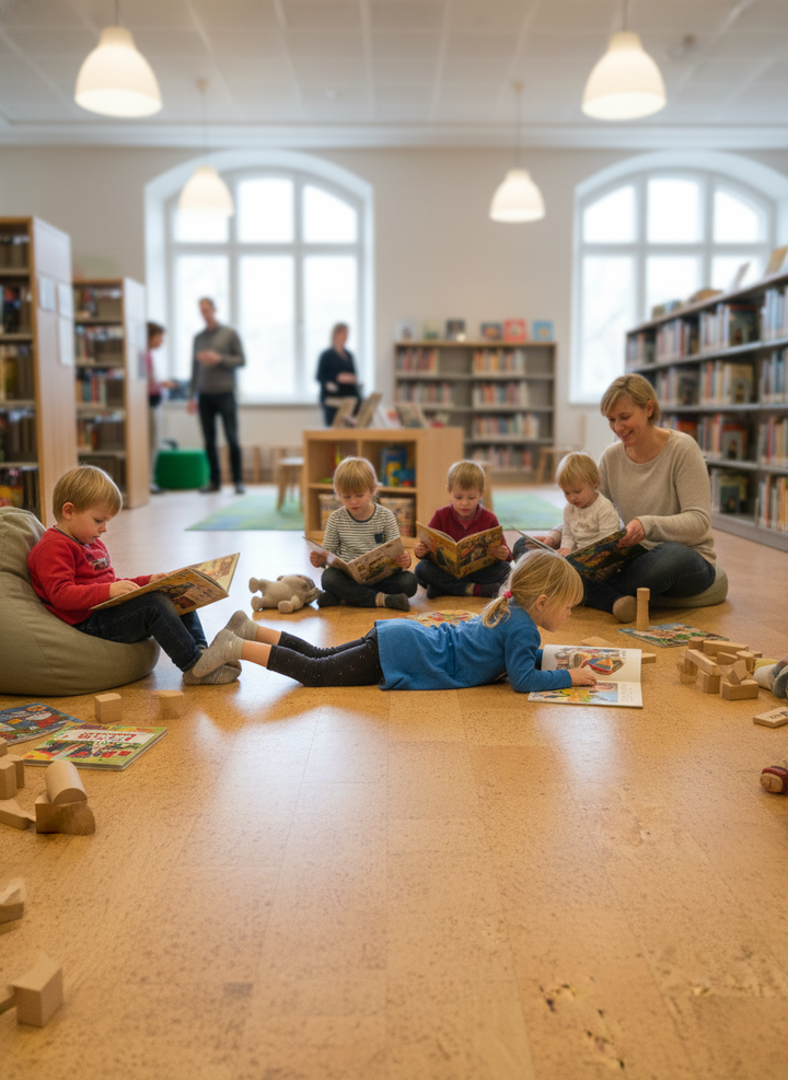 Premium Natural Cork Flooring Tiles - 600mm x 300mm, 4mm Thick, providing sound-dampening insulation for comfortable walking, ideal for a kid-friendly reading corner with toddlers enjoying books, enhancing acoustic comfort.