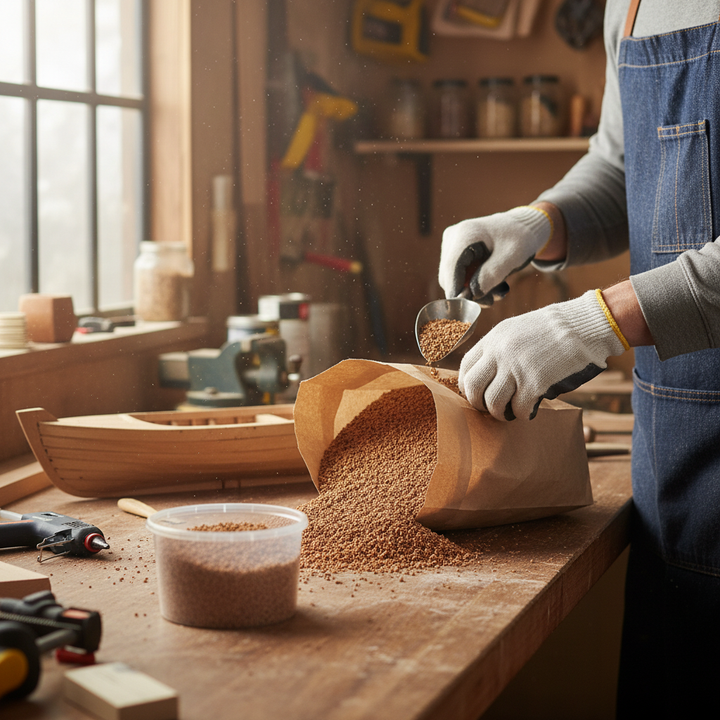 Premium Cork Granules 3-4mm Size, 3 Litres Volume, 60-70kg/m³ Density for Construction and Sports Applications on a craftsman’s workbench, ideal for soundproofing and acoustic insulation projects.