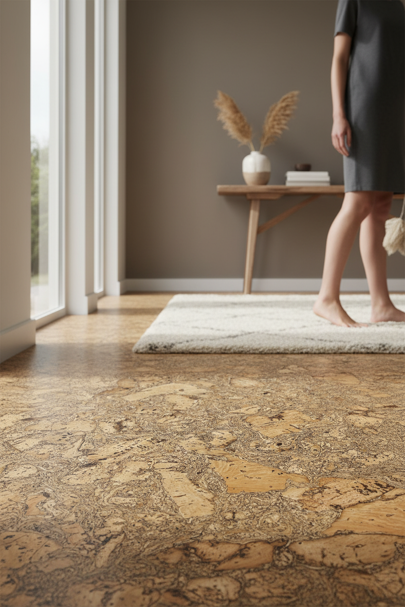 Premium Natural Cork Flooring - Iceberg Grey tiles showcased in a bright interior, highlighting their soundproof and insulating qualities underfoot, ideal for creating a quieter, more comfortable residential space.