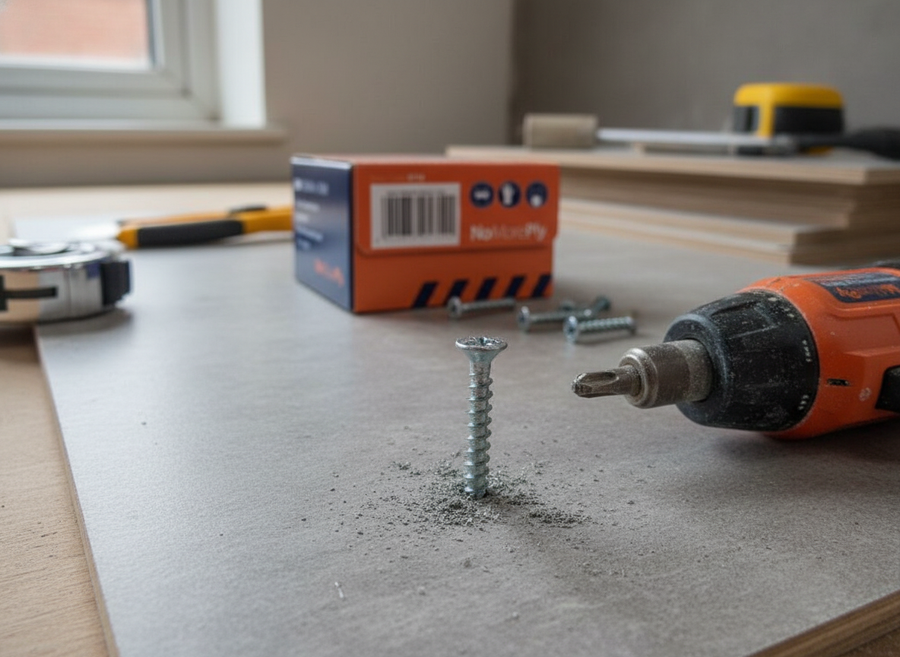 Premium Self-Drilling 25mm Screws with Free Drill Bit - Box of 200, shown partially installed in a laminated panel. Ideal for soundproofing and acoustic projects with enhanced vibration damping and noise reduction capabilities.