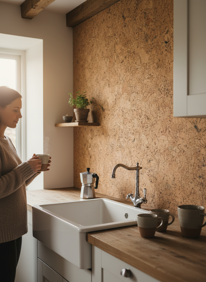 Premium Country Patterned Cork Wall Tiles - 600mm x 300mm, 3mm Thick with 1.98m2 Coverage, featured in a rustic kitchen, offering acoustic insulation and noise reduction for soundproof environments.