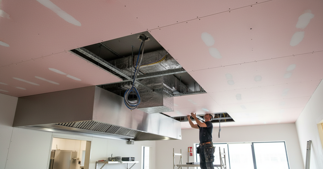 Premium Fireline 15mm Plasterboard 2400 x 1200mm for Superior Fire Resistance in Wall Systems being installed in a commercial kitchen ceiling, highlighting its soundproof and acoustic noise reduction benefits amidst construction.
