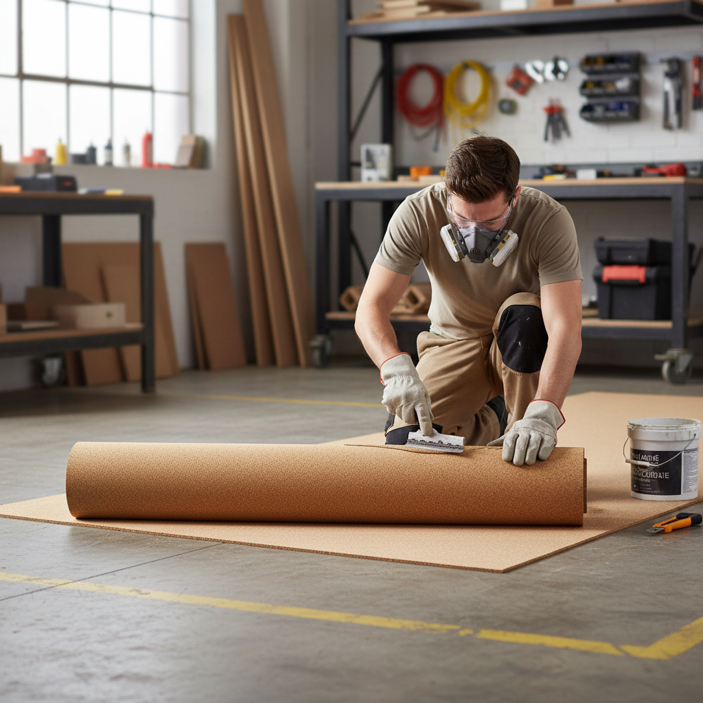 Man in workshop applies adhesive to Premium Fine Grain Large Cork Roll 2m x 1m - 6mm Thick for Interior Walls with Smooth Finish, ideal for soundproofing and acoustic insulation, using notched trowel.