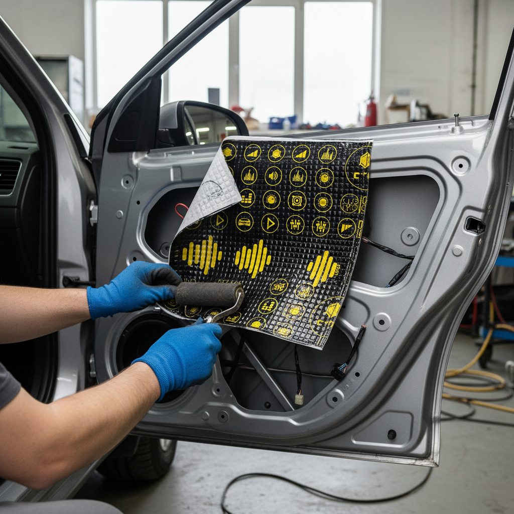 Technician applies Premium 3mm Professional Deadening Mats for Enhanced Noise and Vibration Suppression - 2.22sq.m Pack, using a roller tool on car door's inner panel for soundproofing and acoustic insulation.