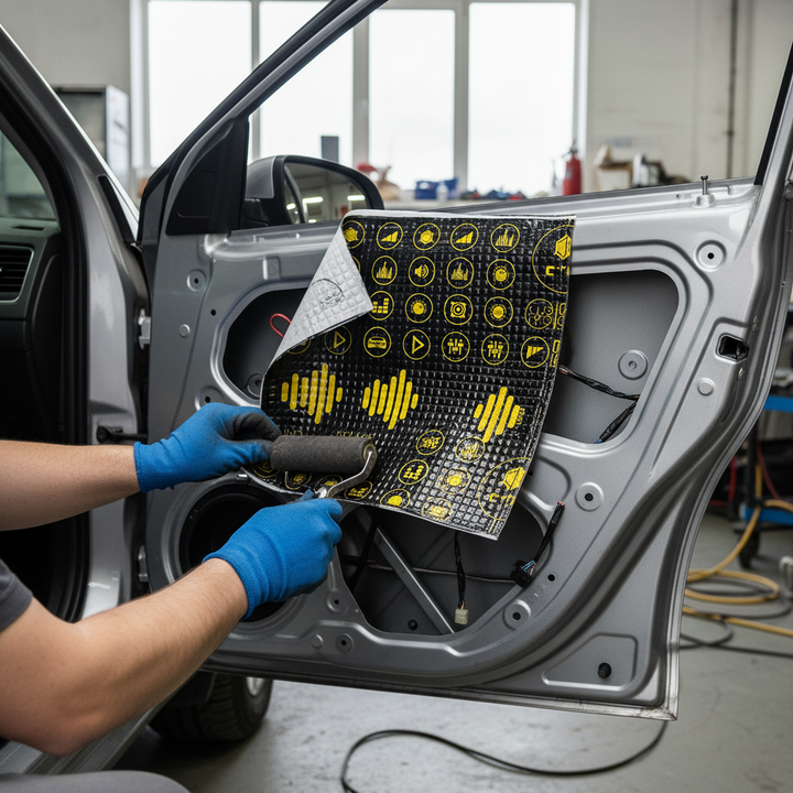 Technician applies Premium 3mm Professional Deadening Mats for Enhanced Noise and Vibration Suppression - 2.22sq.m Pack, using a roller tool on car door's inner panel for soundproofing and acoustic insulation.