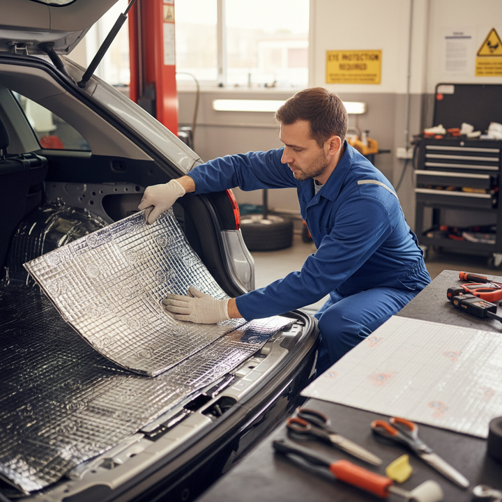 Technician installing Premium 2mm XL Damping Mat, a high-performance sound insulation with aluminum surface for vehicle noise reduction, in car trunk. Nearby tools highlight acoustic, noise reduction, and vibration damping capabilities.