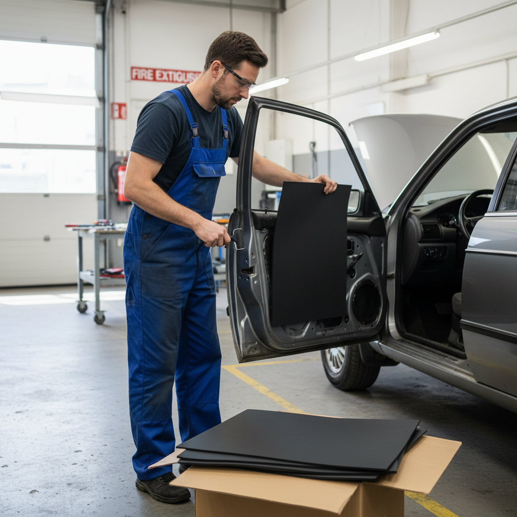 Technician using Professional 10mm Noise and Thermal Isolation Material - 6 Sheet Pack for Sound Absorption and Thermal Insulation, showcasing its application in vehicle doors for enhanced soundproofing and thermal insulation.