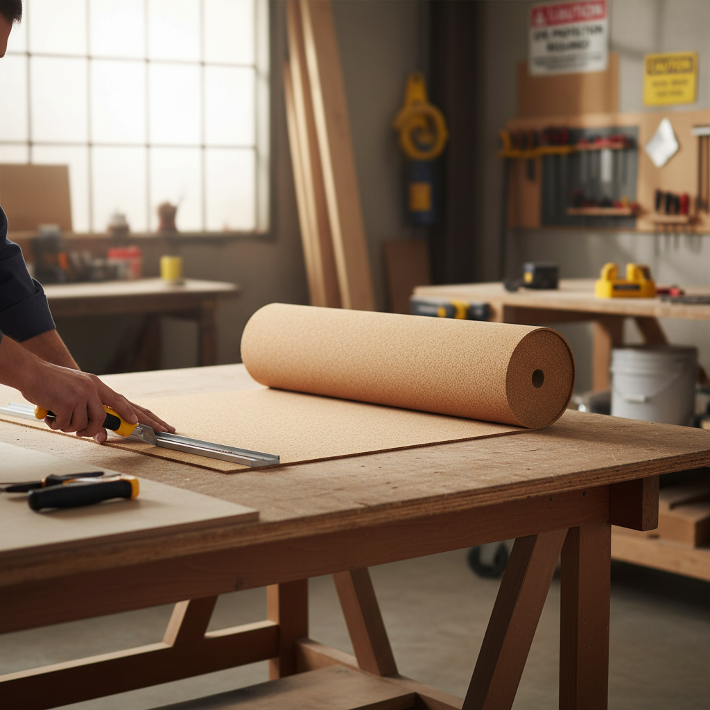 Craftsman cutting Premium Fine Grain Large Cork Roll 8m x 1m - 10mm Thick for Interior Walls, ideal for soundproofing and acoustic applications, in a workshop surrounded by tools and safety signage.