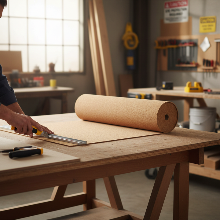 Craftsman cutting Premium Fine Grain Large Cork Roll 8m x 1m - 10mm Thick for Interior Walls, ideal for soundproofing and acoustic applications, in a workshop surrounded by tools and safety signage.