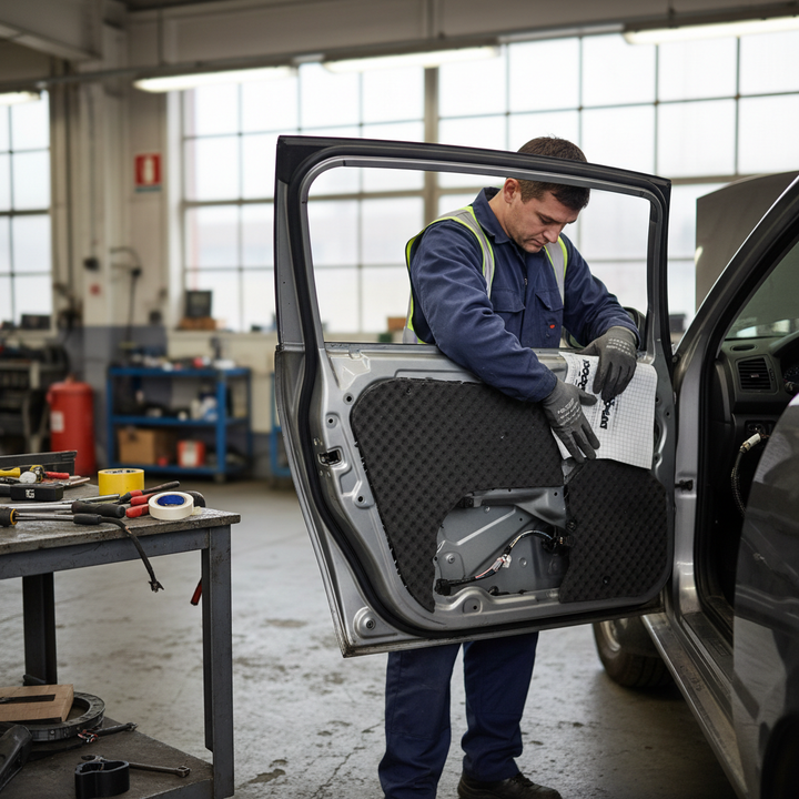 Technician applying Dodo Acoustic Liner 15mm Sheet inside car door, showcasing its soundproof and acoustic insulation qualities for noise reduction and vibration damping in automotive interiors.