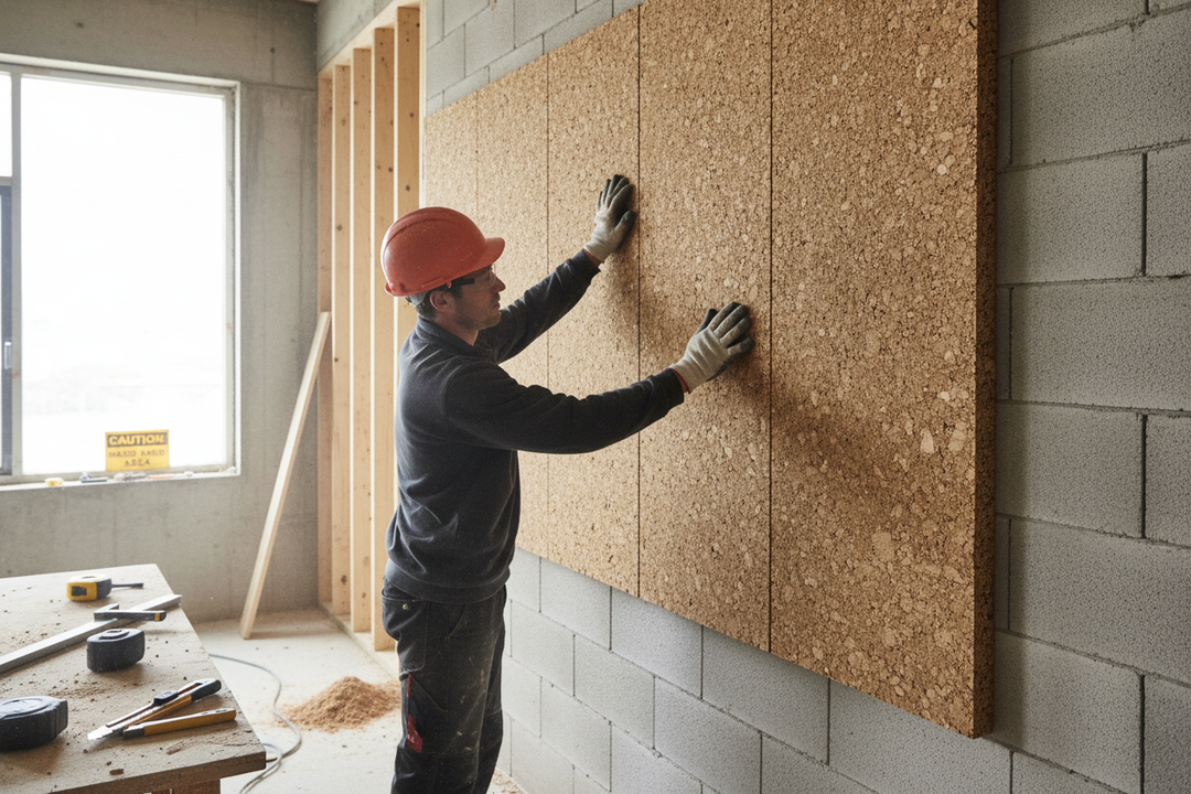 Worker installing Premium Insulation Cork Board Pack of 6 Sheets - 1000mm x 500mm, 50mm Thick for 3m² Coverage. Scene includes tools and exposed studs, reflecting soundproof and acoustic insulation benefits.